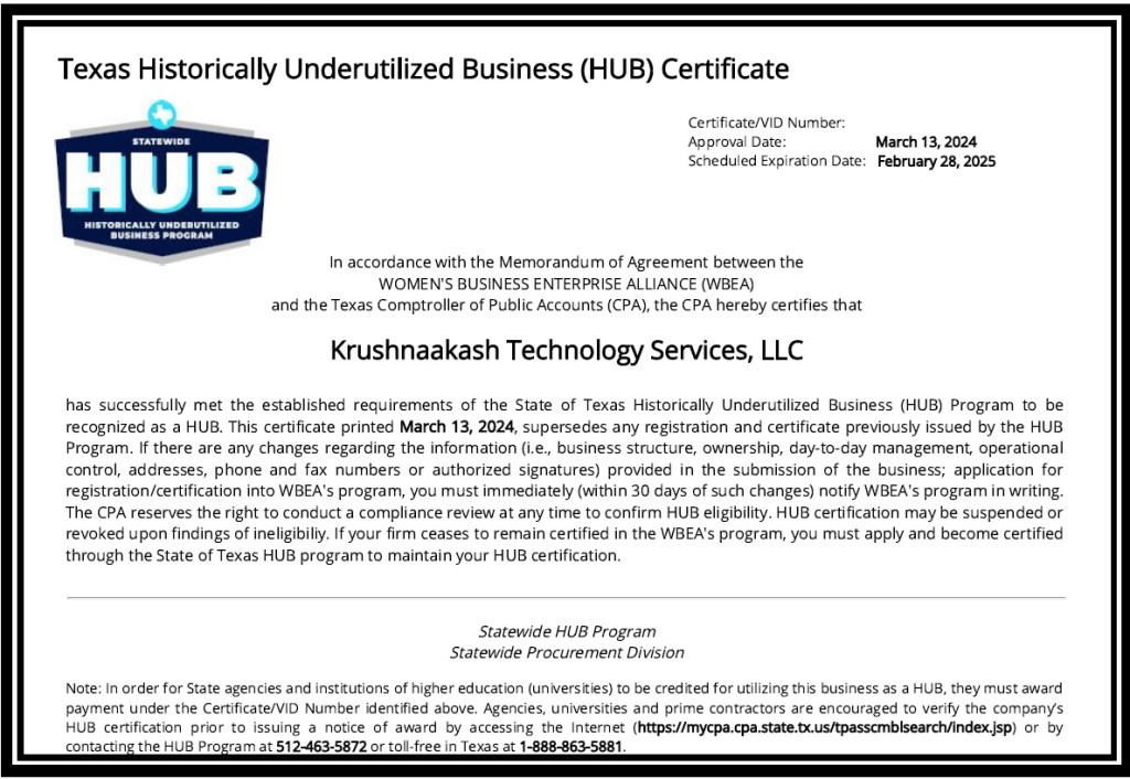 Texas HUB certificate confirming Krushnaakash Technology Services, LLC's eligibility as a Historically Underutilized Business, valid March 2024 to February 2025.