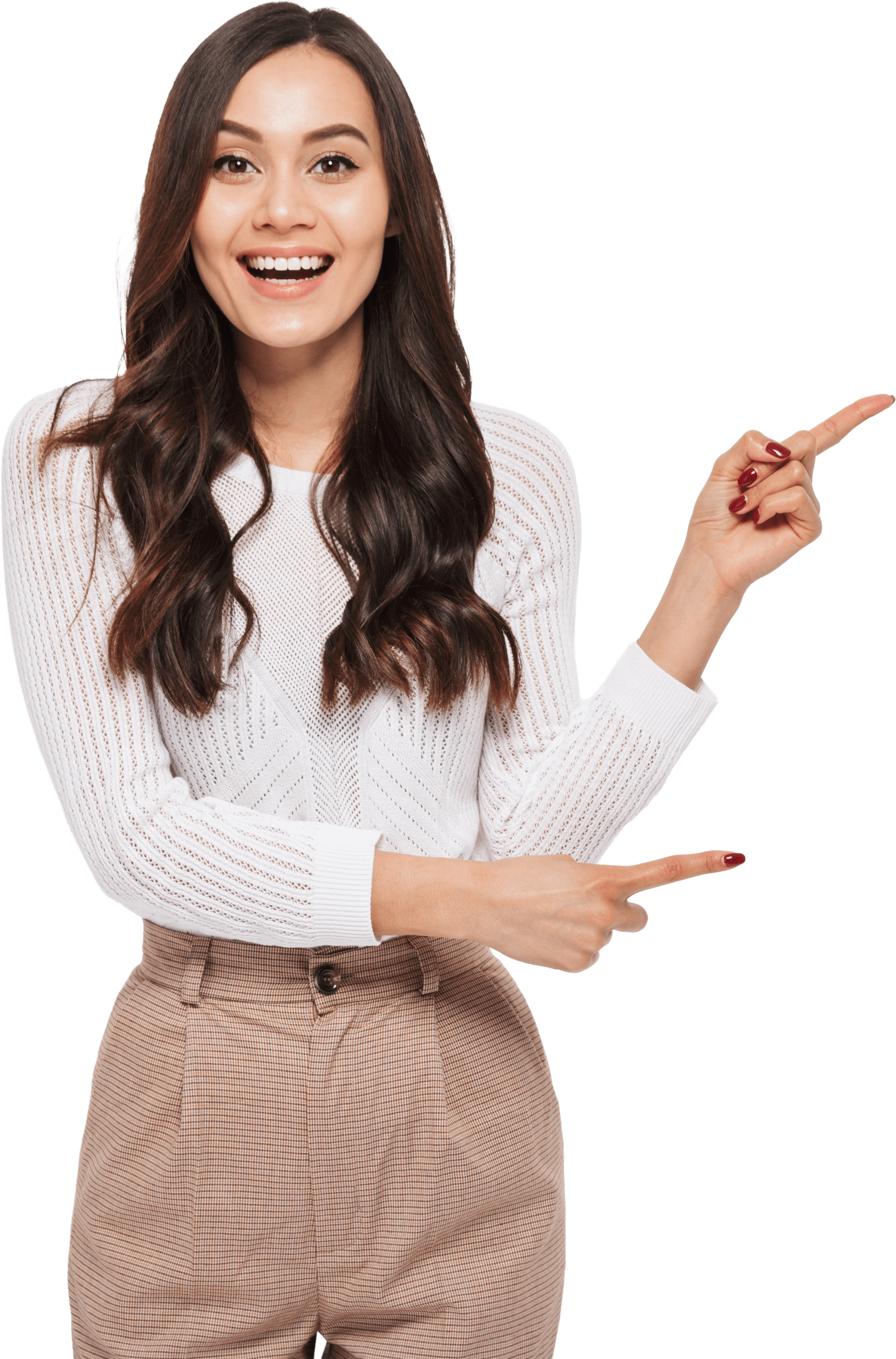 Smiling woman in a white sweater points excitedly to both sides, conveying enthusiasm and engagement, likely promoting a concept or product.