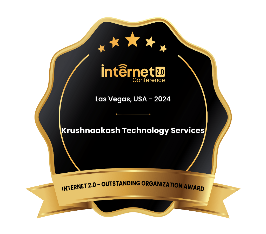 Award badge for Krushnaakash Technology Services, recognizing them as an Outstanding Organization at the Internet 2.0 Conference in Las Vegas, 2024.